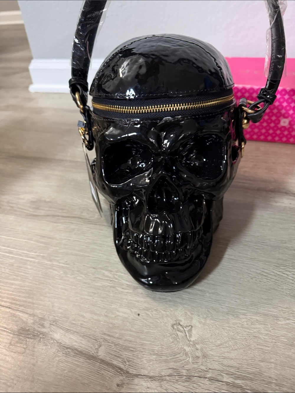 Glossy Black Skull Crossbody Bag